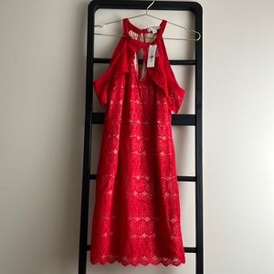 Francesca’s Red Lace Cold Shoulder Mini Dress